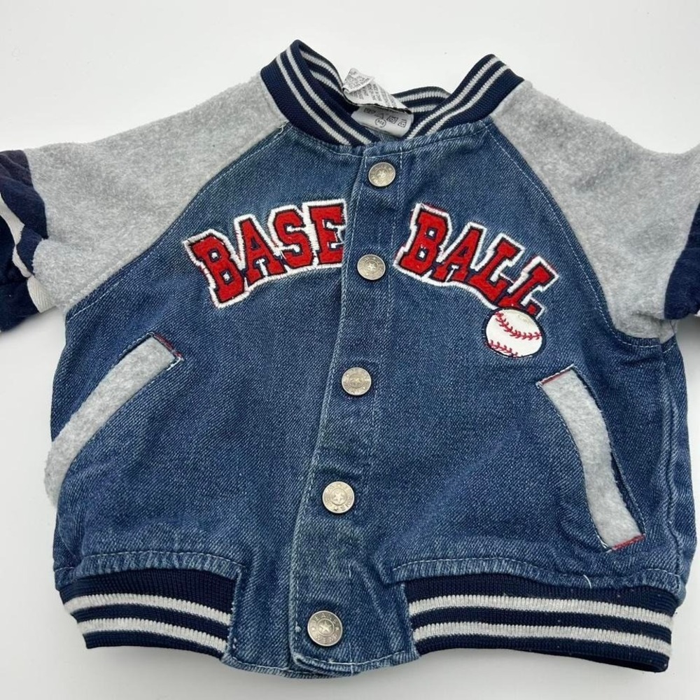Star Jeans Kids Baseball Varsity Jacket Blue Denim Gray Fleece 12M Vintage Style